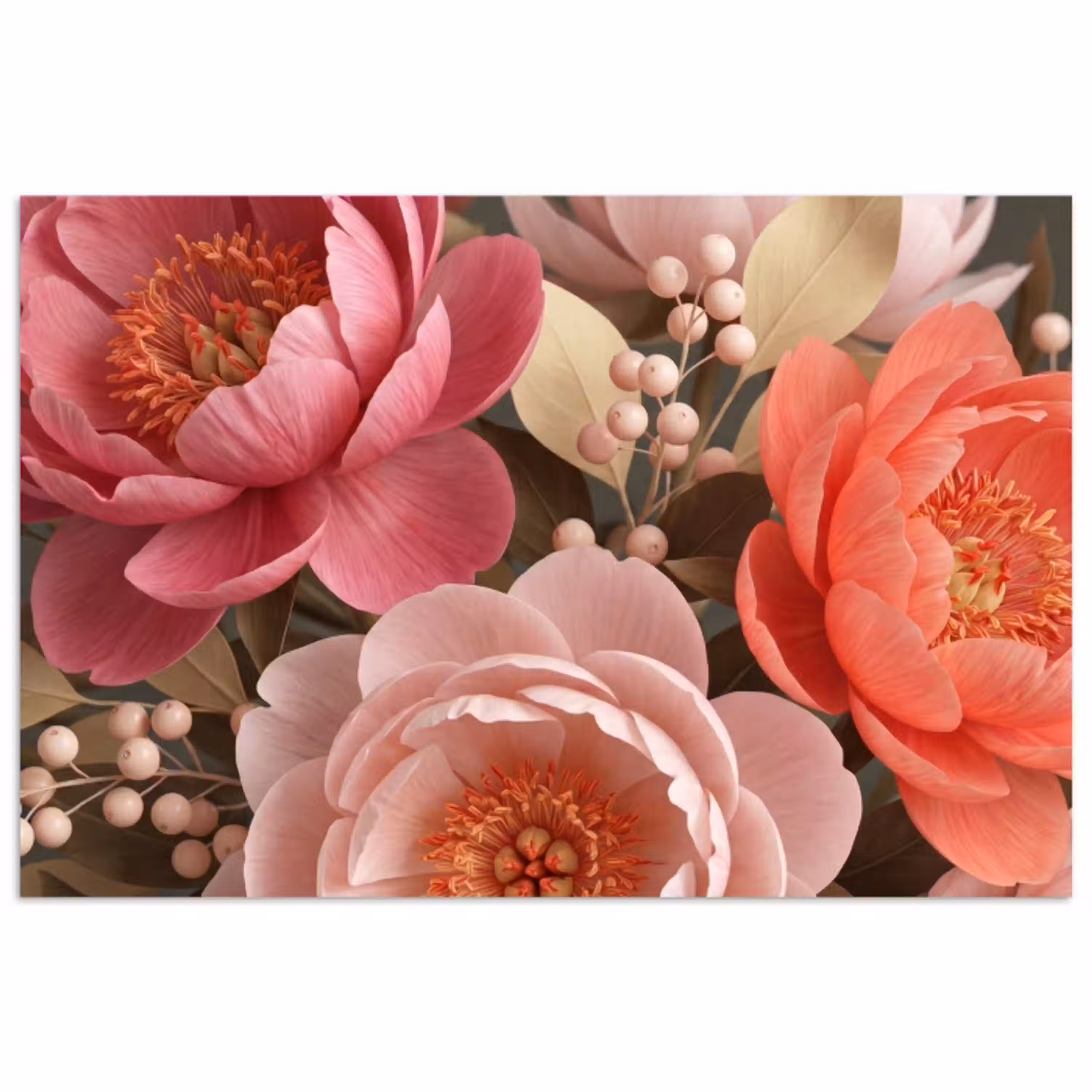 Bloemen - Bloesem - Zacht - Koraal - Decoratie poster papier klein -3d