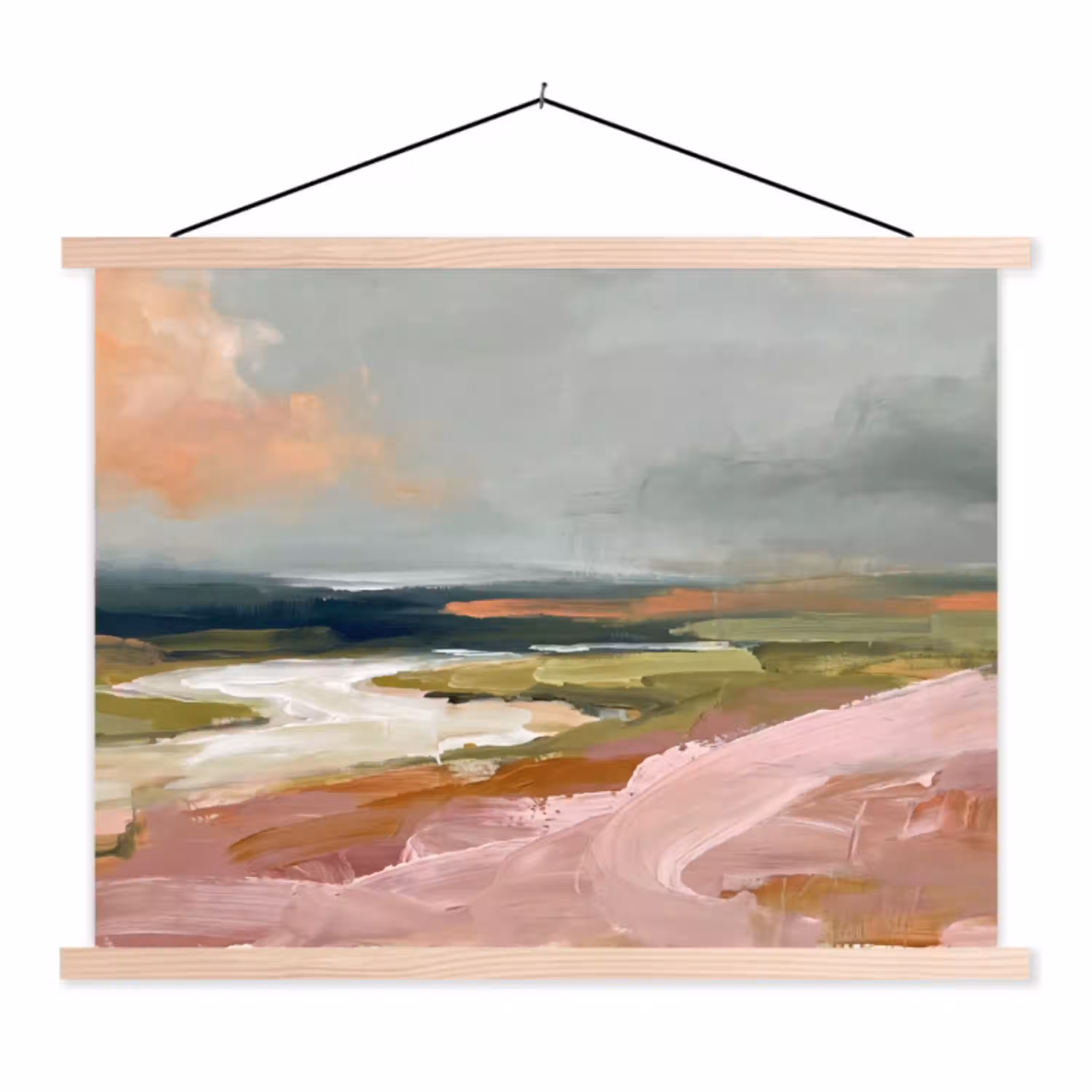 Landschap - Rivier - Abstract - Roze - Groen textielposter latten blank klein -3d