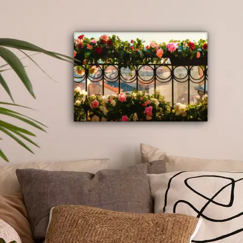 Bloemen - Hek - Stadszicht - Zomer canvas 2cm klein -sfeer1
