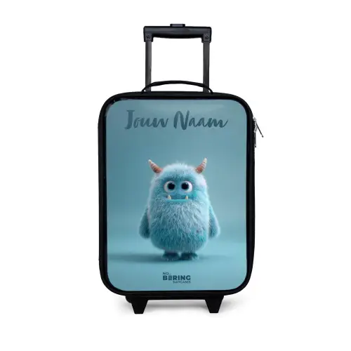 Blauw pluizig monster met hoorns Kinderkoffer - Zwart klein -3d