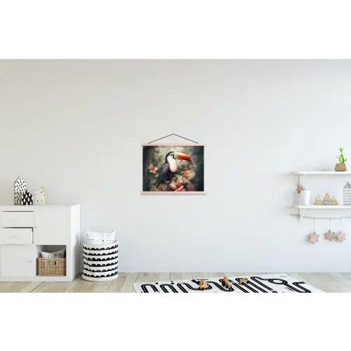 Toekan - Vogels - Bloemen - Planten - Tropisch textielposter latten blank klein -kinderkamer