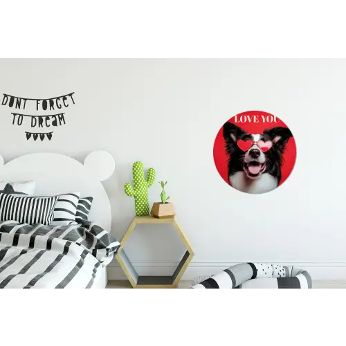 Hond - Hartjesbril - Loveyou - Rood Wandcirkel aluminium klein -kinderkamer