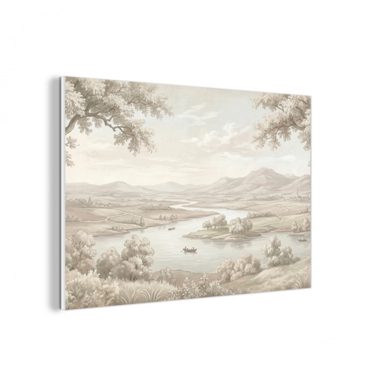Rivierlandschap - Bergen - Natuur - Vintage - Beige forex 5mm xxl -3d
