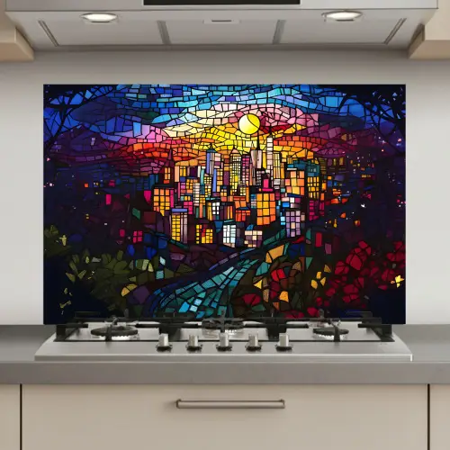 Stad - Maan - Mozaïek - Kleurrijk keuken achterwand spatscherm klein -3d_website