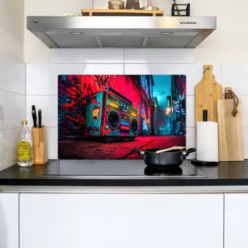 Boombox - Rood - Graffiti - Neon Inductie beschemer met haakjes klein -sfeer2