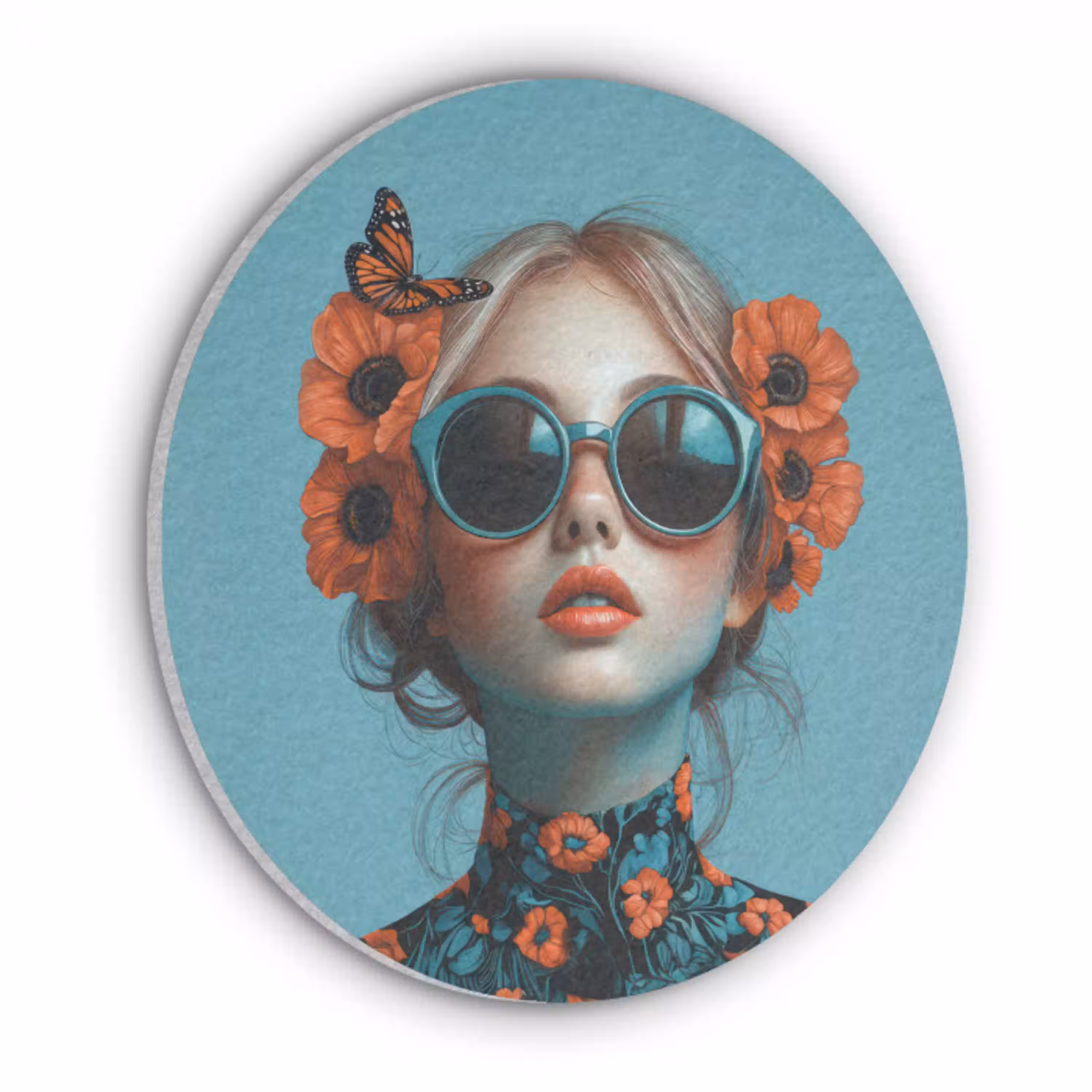 Vrouw - Blauw - Vlinder - Bloemen - Aesthetic Akoestische PET Vilt - Rond klein -3d