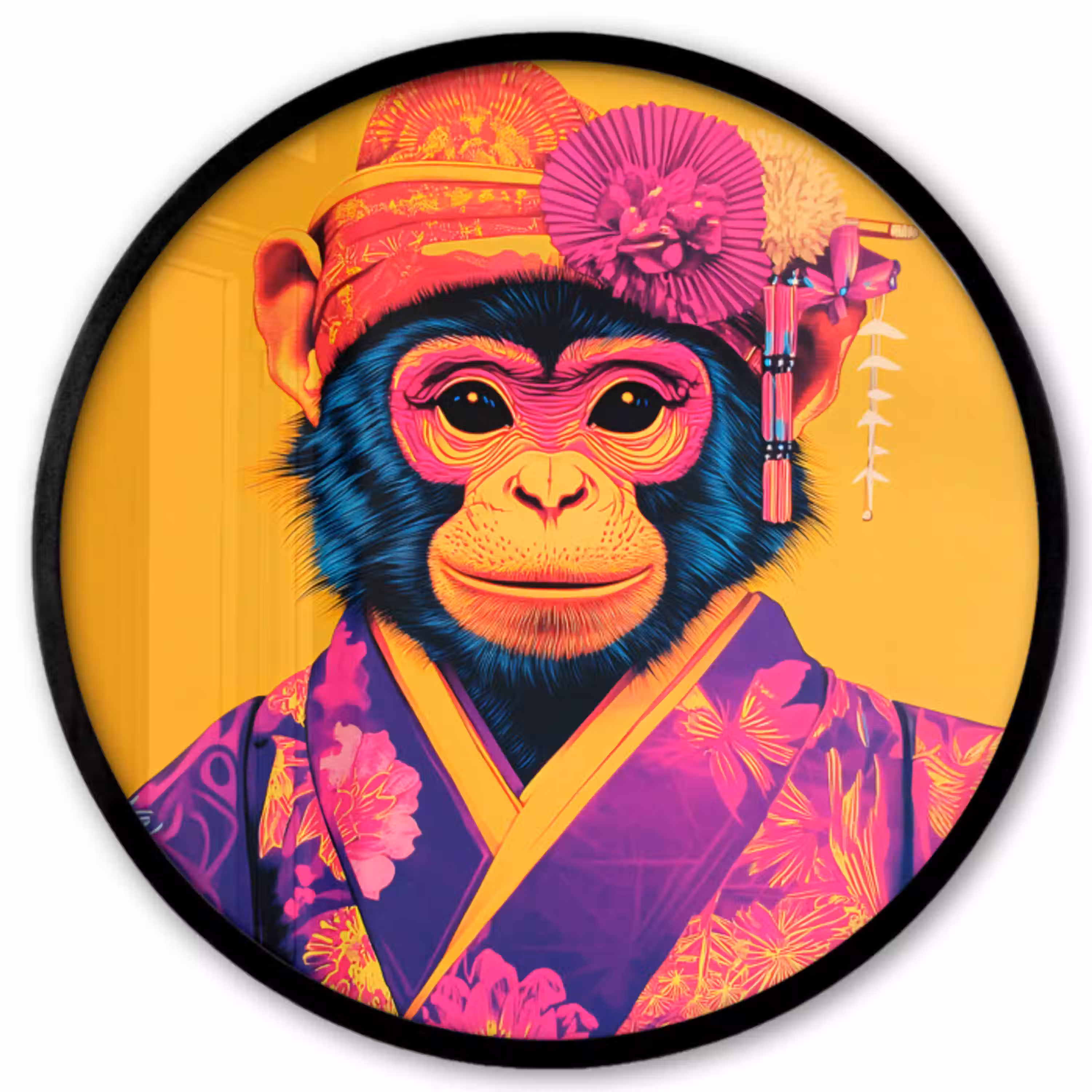 Aap - Kimono - Bloemen - Hoofdtooi Fotolijst rond zonder passe partout klein -3d