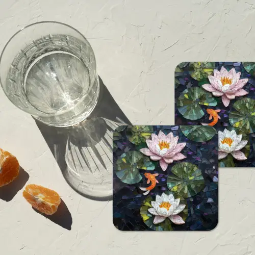 Glasstukjes - Leliebladeren - Vis - Oranje onderzetter kurk middel -sfeer4