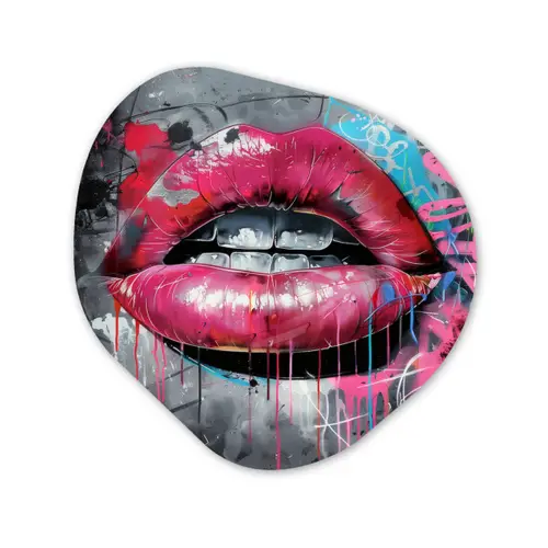 Lippen - Felroze - Graffiti - Verfstrepen Wandcirkel Organisch Plexiglas middel -3d