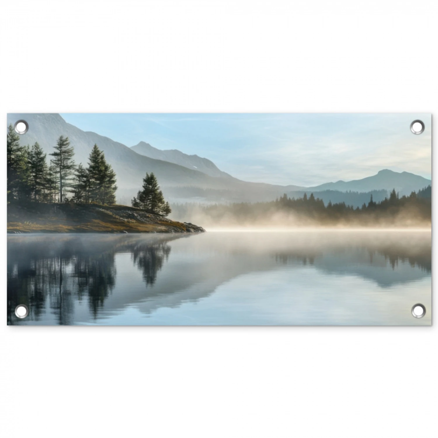 Meer - Mist - Bergen - Landschap tuinposter los doek klein -3d