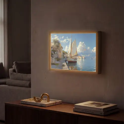 Zeilschip - Huizen - Kade - Zee Light Box met batterij (Wandlamp) middel -sfeer1