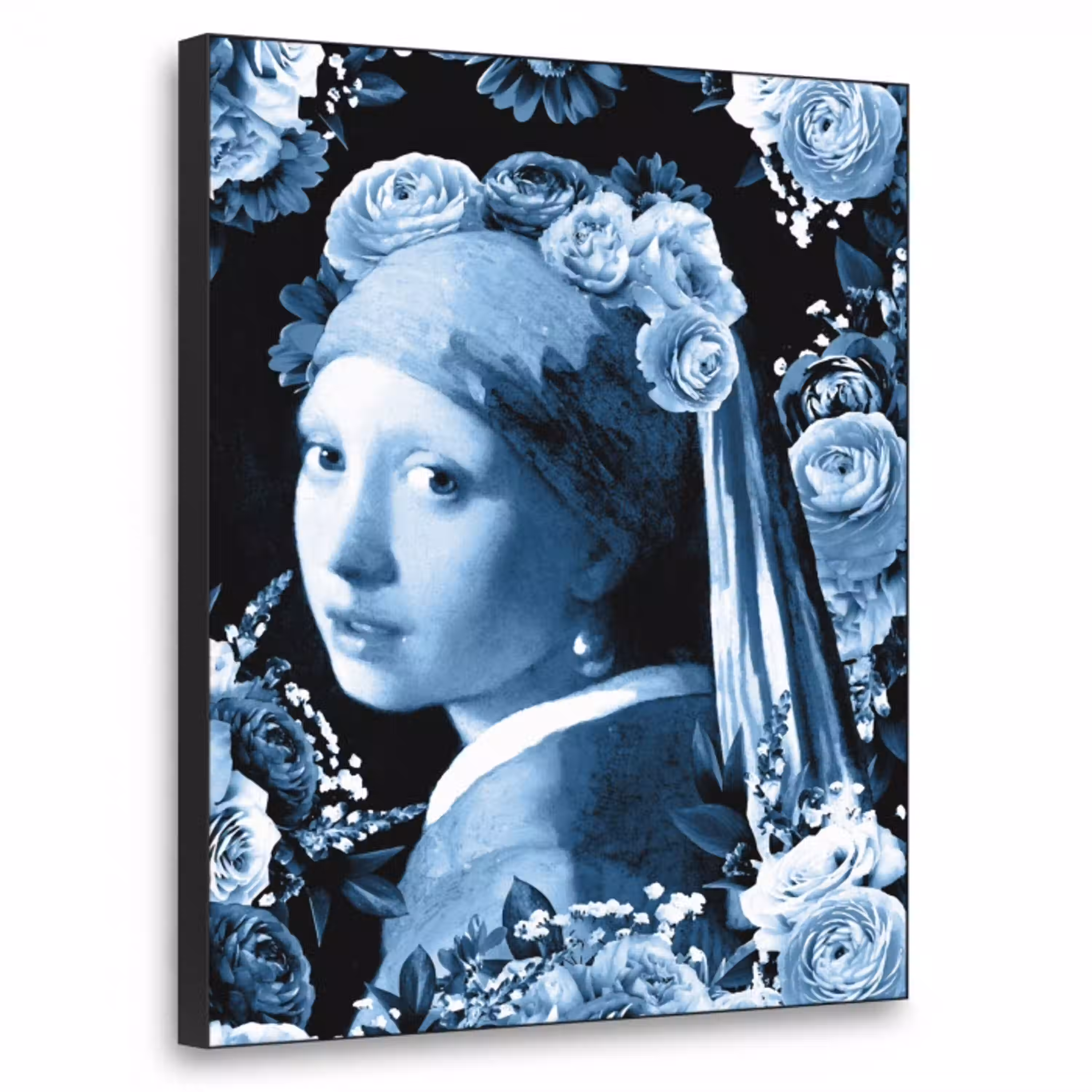 Meisje met de parel - Johannes Vermeer - Delfts blauw Textielframe zwart klein -3d