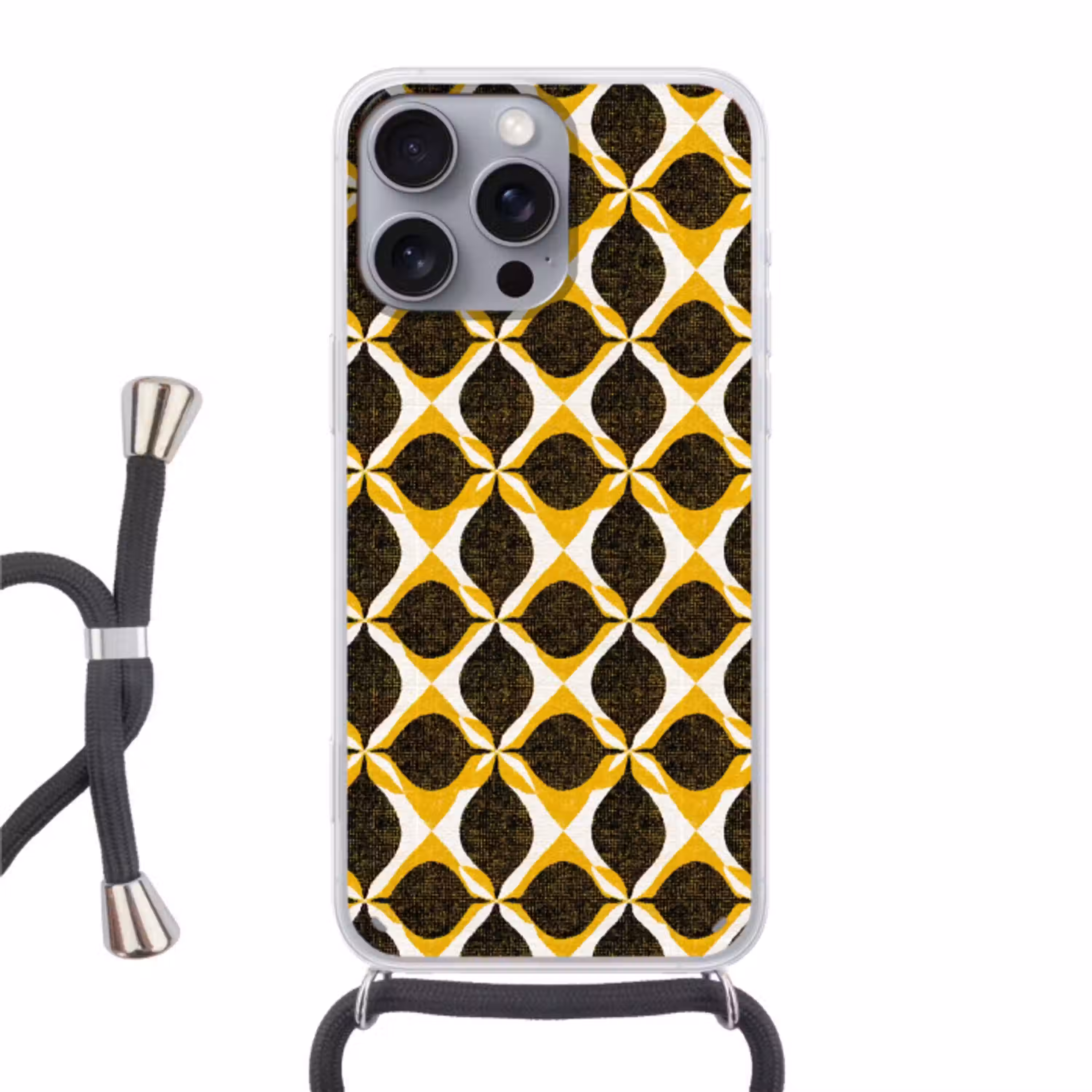 Geel - Zwart - Geometrisch - Retro - Textuur Hoesje iPhone 16 Pro Max met koord klein 804 -3d