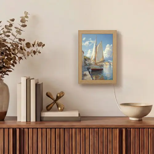 Zeilschip - Huizen - Kade - Zee Light Box met kabel (Tafellamp) klein -sfeer2