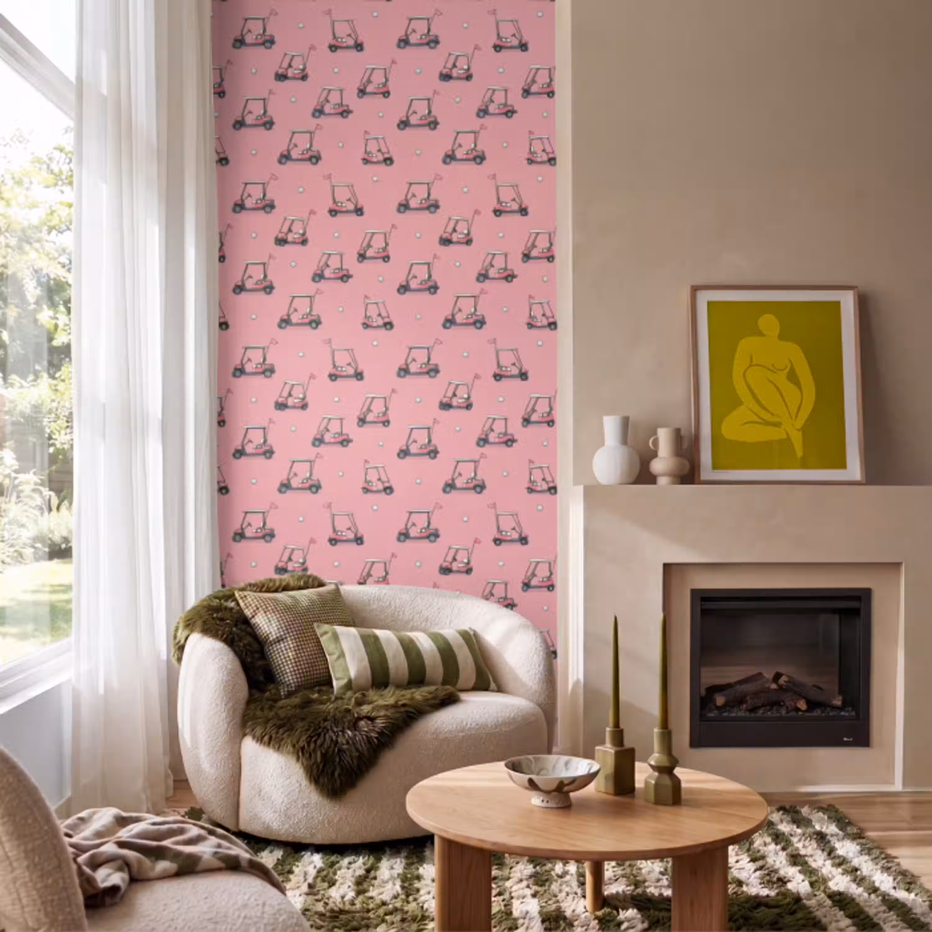 Golfkar - Retro - Roze Behang Vlies klein 1076 -sfeer2
