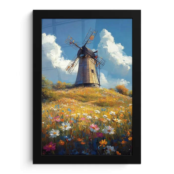 Windmolen - Heuvel - Bloemen - Kleurrijk fotolijst zwart zonder passe partout klein -3d