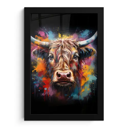 Graffiti - Schotse hooglander - Zwart - Koe fotolijst zwart zonder passe partout klein -3d