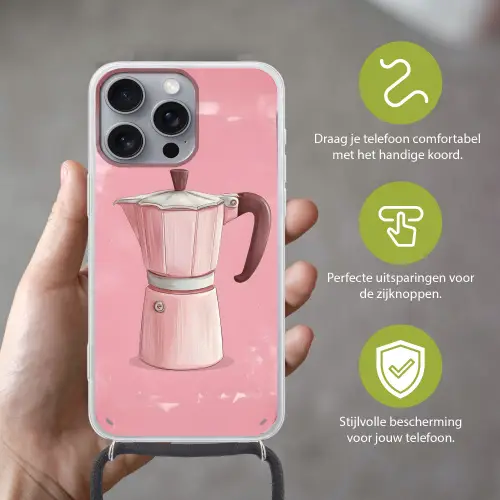 Roze - Mokkapot - Illustratie - Koffie Hoesje iPhone 16 Pro Max met koord klein -sfeer2_NL