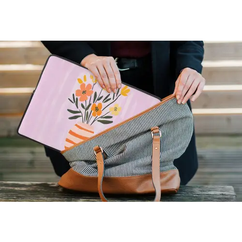 Vaas - Gestreept - Bloemen - Oranje laptophoes neopreen klein -tas