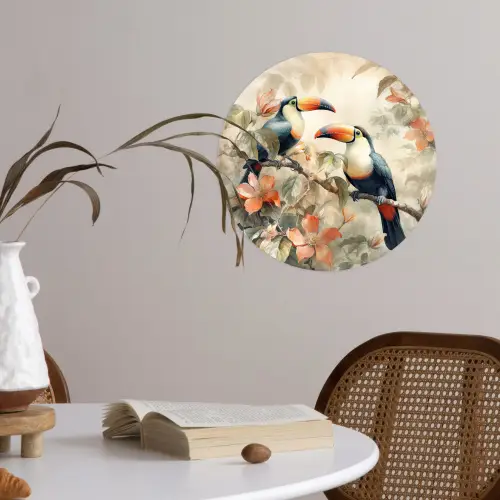 Toekan - Vogels - Bloemen - Tak Wandcirkel behangsticker klein -sfeer3
