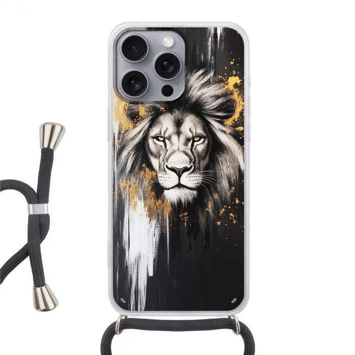 Leeuw - Portret - Verfspatten - Grijs Hoesje iPhone 16 Pro Max met koord klein -3d