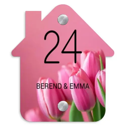Roze tulpen - Klassiek Naambord Huisje klein -3d