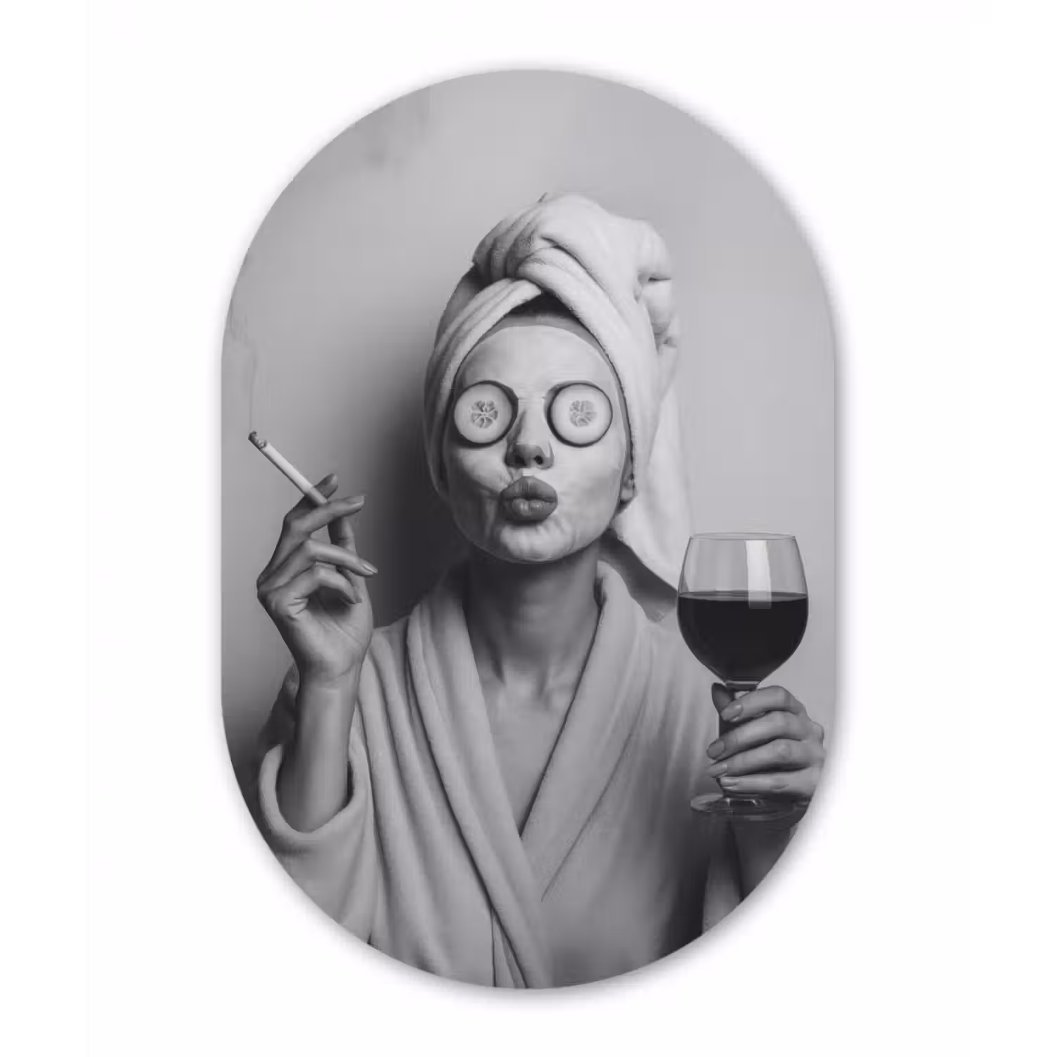 Glasbild Oval - Frau - Maske - Wein - Zigarette