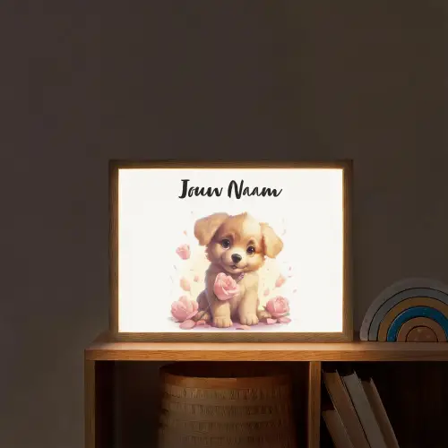 Hond - Bloemen - Roze - Meisjes - Kind Light Box met batterij (Wandlamp kind) middel -sfeer1_kind