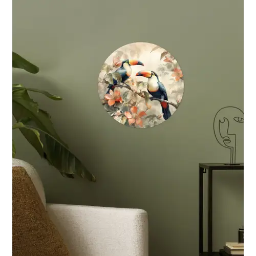 Toekan - Vogels - Bloemen - Tak Wandcirkel behangsticker klein -sfeer2