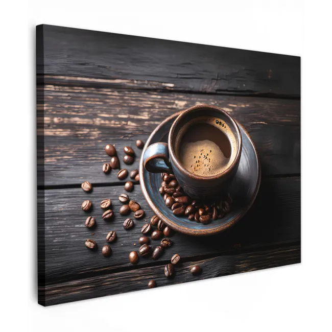Canvas schilderij - Kop - Koffie - Hout - Bonen
