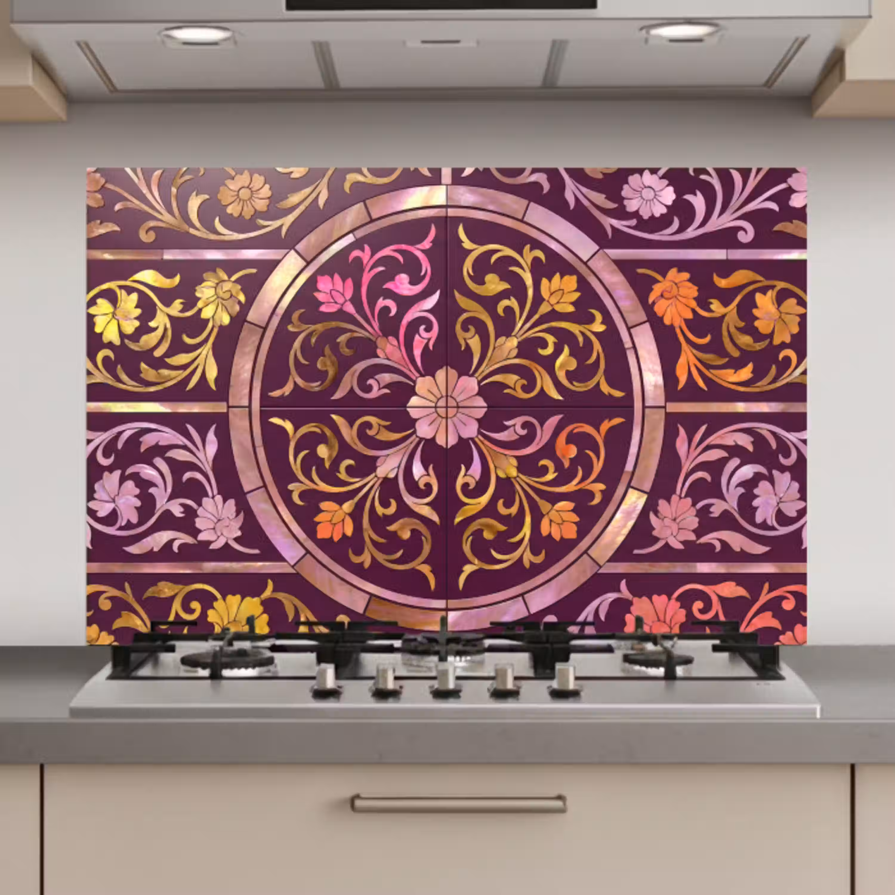Patroon - Floraal - Oosters - Paars - Goud keuken achterwand spatscherm klein -3d_website