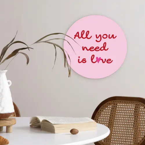 Tekst - Roze - Love - Hart Wandcirkel kunststof plaat 5mm dik klein -sfeer4