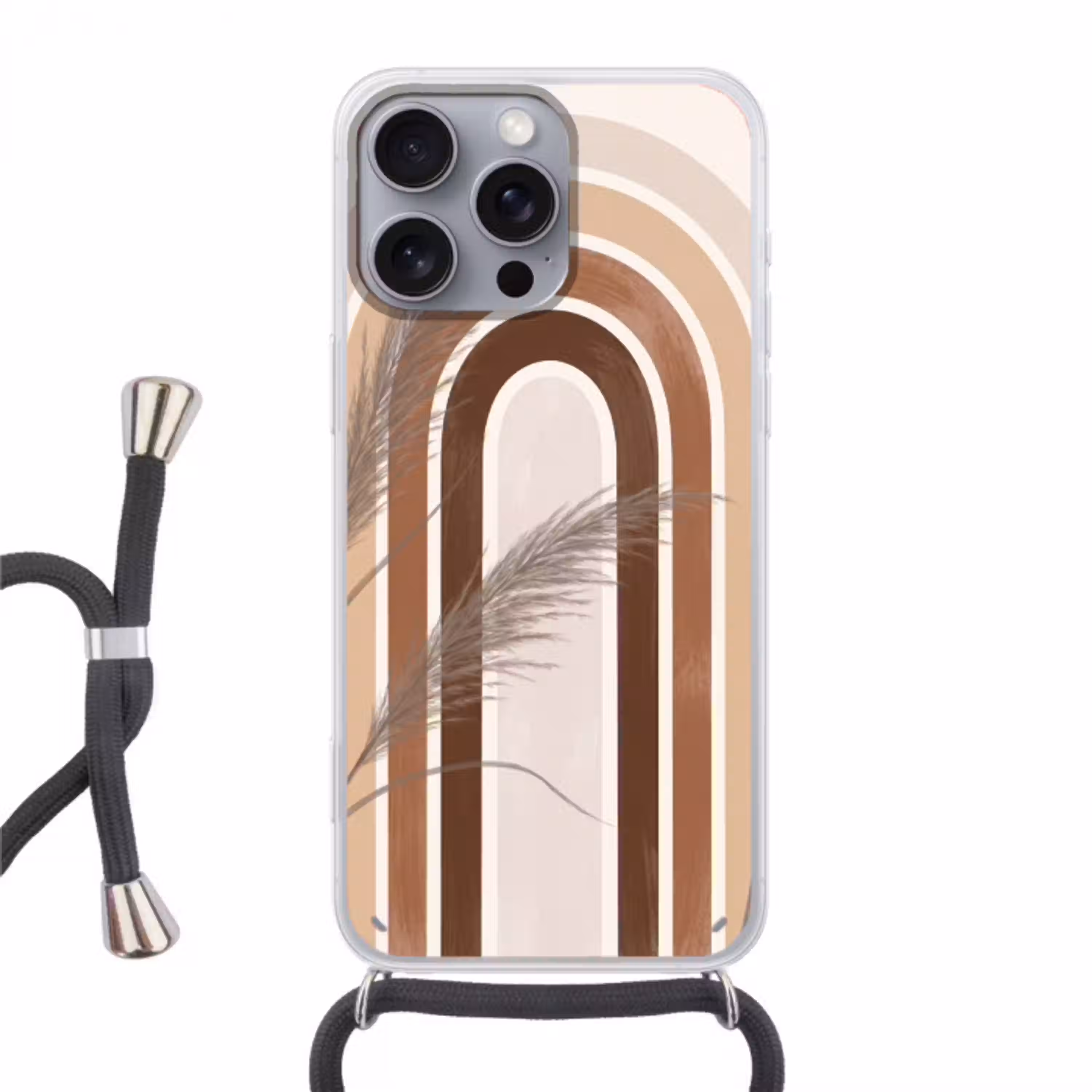 Abstract - Bogen - Plant - Boho - Beige Hoesje iPhone 16 Pro Max met koord klein -3d