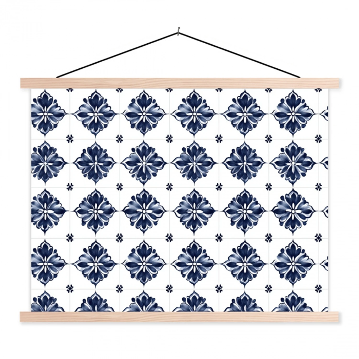 Tegelmotief - Blauw - Wit - Bloem textielposter latten blank klein 122 -3d
