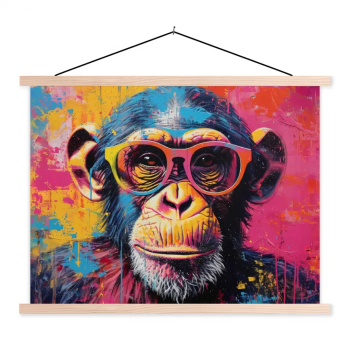 Graffiti - Chimpansee - Aap - Bril - Kleurrijk textielposter latten blank klein -3d