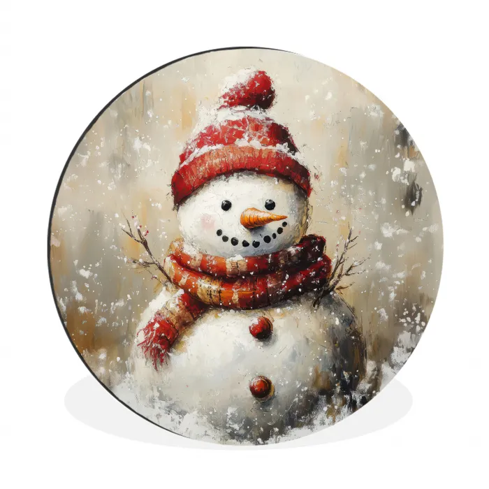 Sneeuwpop - Winter - Sneeuw - Beige Wandcirkel aluminium klein -3d
