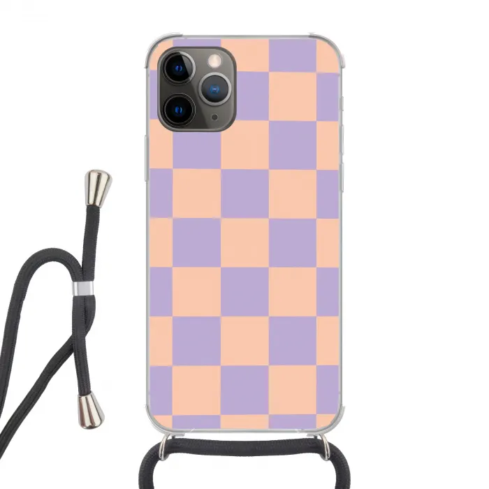 Schaakbord patroon - Paars - Roze - Blokjes Hoesje iPhone 12 Pro met koord klein -3d