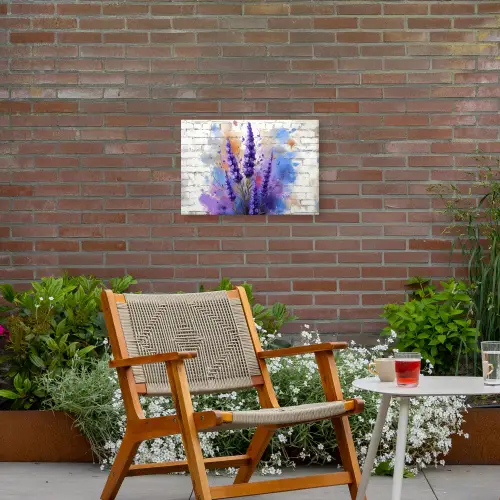 Lavendel op Witte Bakstenen Muur Tuinposter op houten frame 2 cm dik klein -sfeer3
