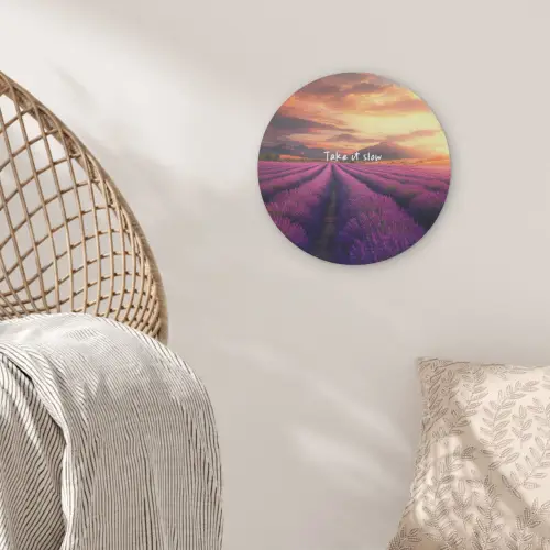 Lavendelveld - Quote - Zonsondergang Akoestische PET Vilt - Rond klein -sfeer4