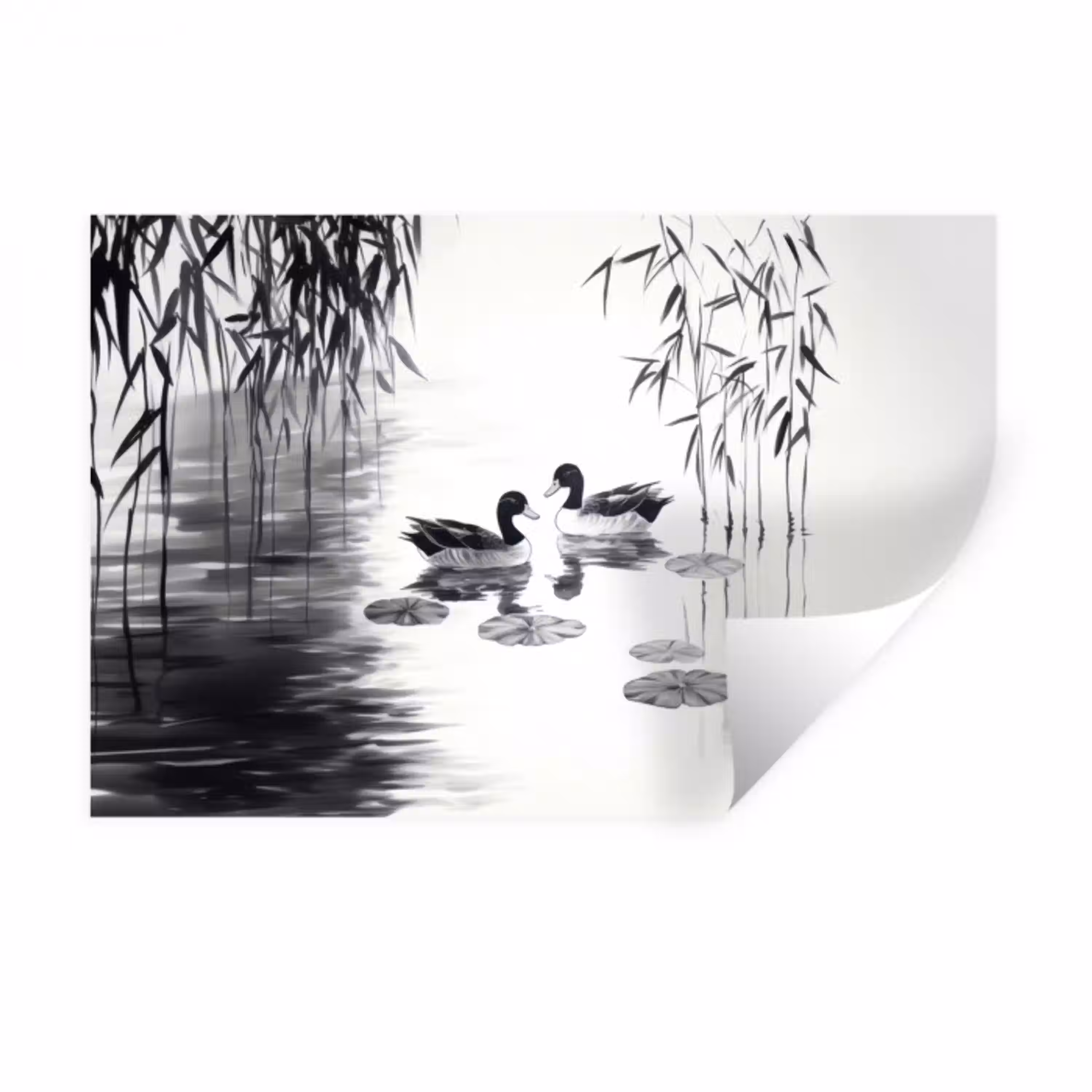 Eenden - Waterlelies - Riet - Zwart Muursticker klein -3d