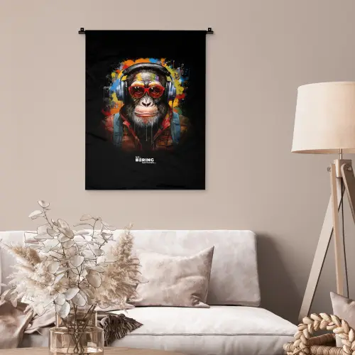 Chimpansee met koptelefoon en graffiti-spray Wandkleed katoen klein -sfeer4
