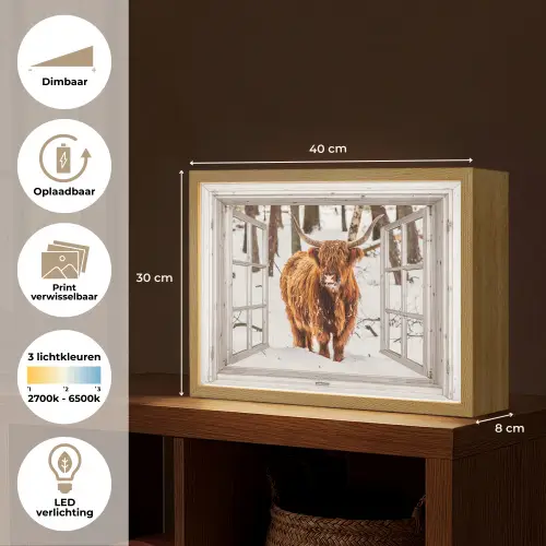 Schotse Hooglander - Sneeuw - Winter - Natuur - Dier - Doorkijk - Landelijk Light Box met batterij (Wandlamp) middel -USP_websiteoverzichtNL