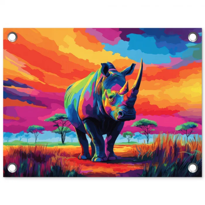 Neushoorn - Zonsondergang - Savanna - Kleurrijk tuinposter los doek klein -3d