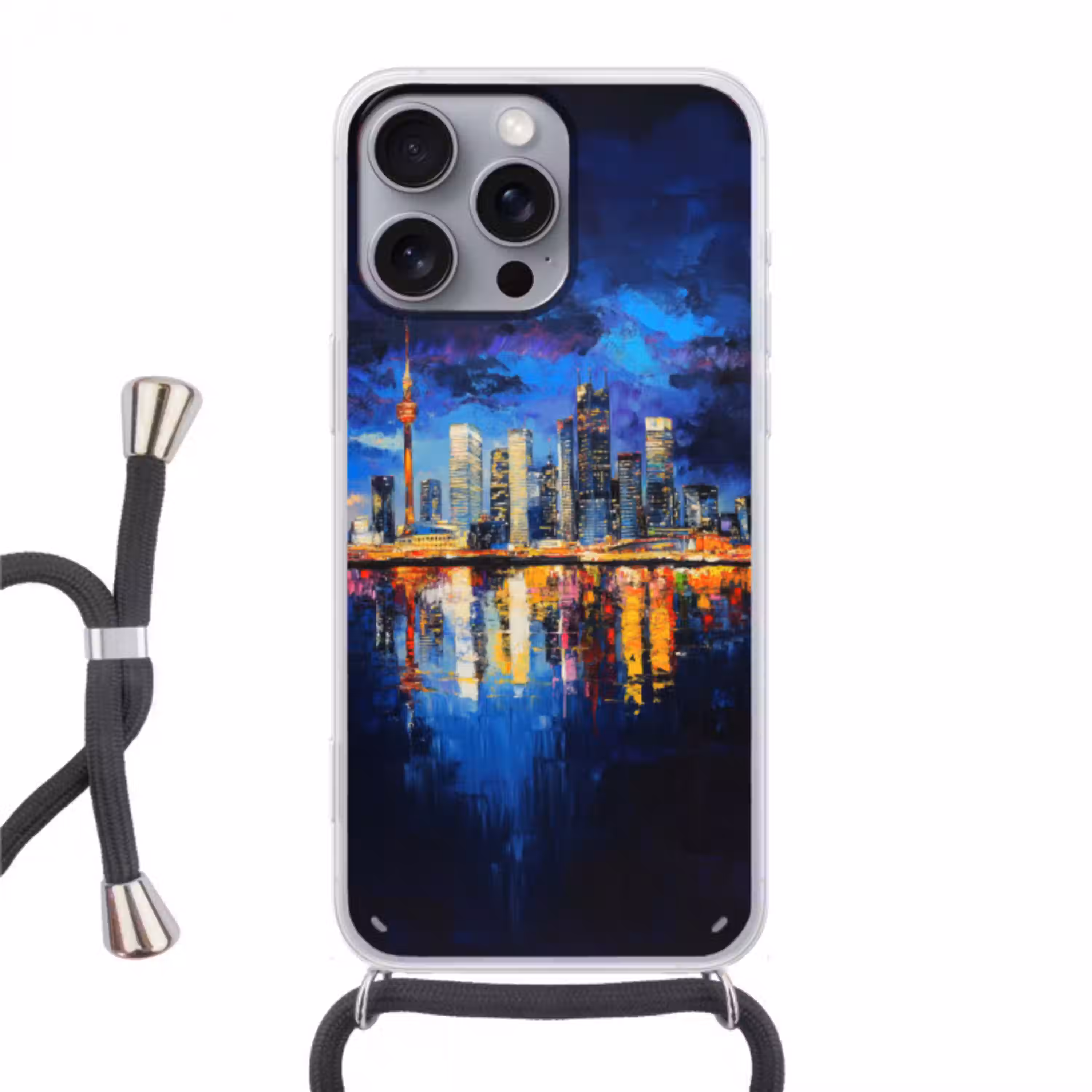 Skyline Toronto - Modern - Stadslicht - Blauw Hoesje iPhone 16 Pro Max met koord klein -3d