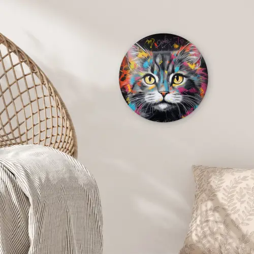 Kat - Graffiti - Dieren - Kleuren - Grijs Wandcirkel kunststof plaat 5mm dik klein -sfeer5