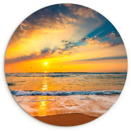 Zonsondergang - Strand - Zee - Wolken - Oranje Wandcirkel kunststof plaat 5mm dik klein -3d