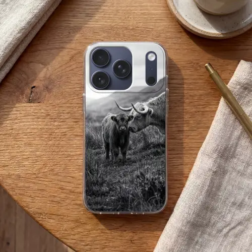 Schotse hooglander - Kalf - Zwart - Wit Telefoonhoesje iPhone 17 Pro klein -sfeer1