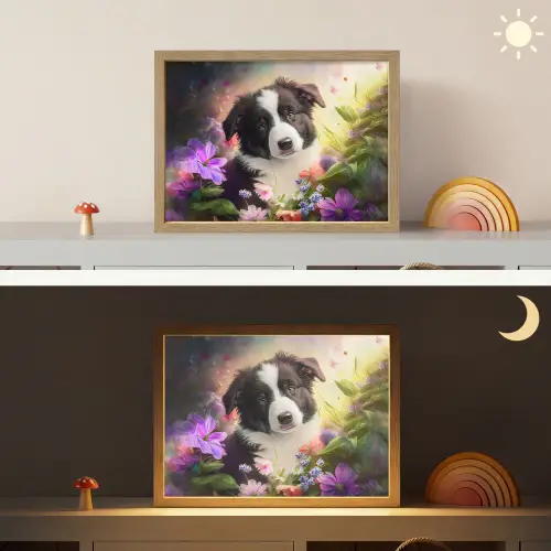 Puppy - Zon - Bloemen - Natuur - Bordercollie - Hond Light Box met batterij (Wandlamp kind) middel -sfeer3_kind