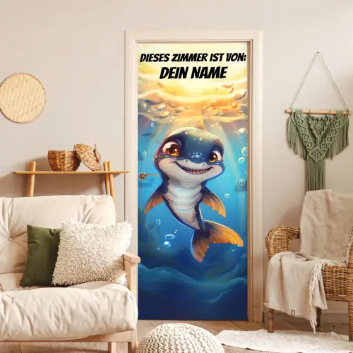 Fröhlicher kleiner Hai unter Wasser. deurposter klein -sfeer2