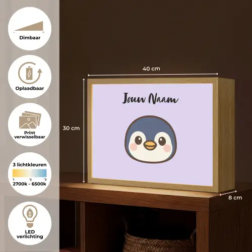 Pinguïn - Paars - Minimalistisch - Blosjes Light Box met batterij (Wandlamp kind) middel -USP_websiteoverzichtNL
